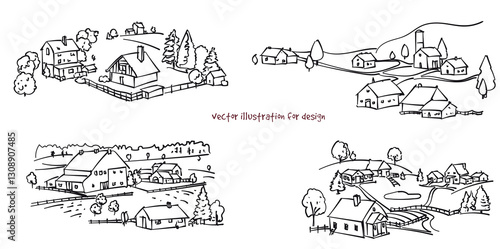illustration of farmhouses. Vector silhouette set 