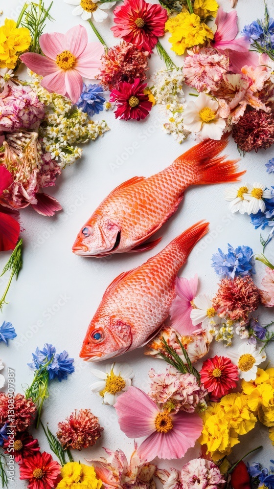 Fototapeta premium Two Red Fish Surrounded By Vibrant Colorful Flowers
