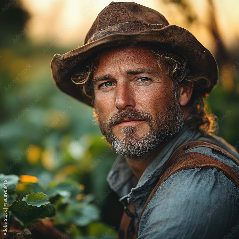A person wearing a hat and beard standing in a green field A person wearing a hat and beard standing in a green field