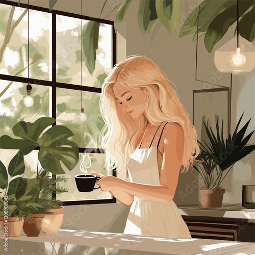 cute illustration of an artsy blonde girl making coffee in her modern house full of natural lights and plants

