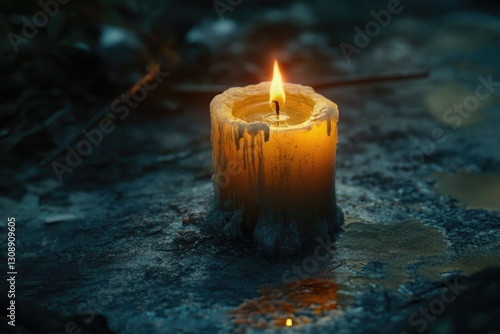 A single lit candle perched on top of a rocky outcropping