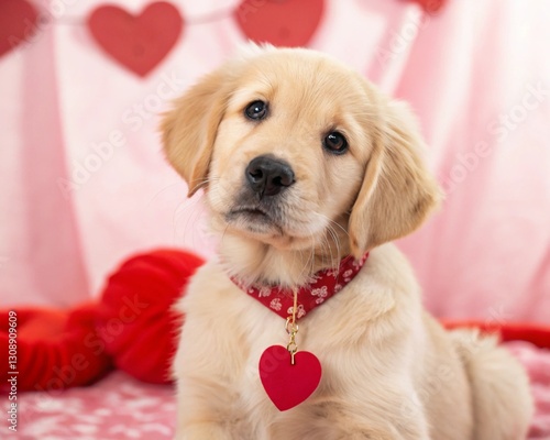 A golden retriever puppy, looking directly at the viewer with big, loving eyes