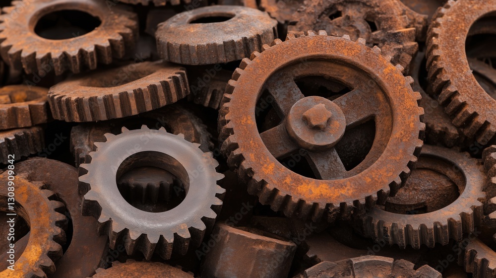Close-up of rusty iron gears with intricate details in warm brown tones. Industrial background for mechanics, engineering, and steampunk aesthetics Close-up of rusty iron gears with intricate details in warm brown tones. Industrial background for mechanics, engineering, and steampunk aesthetics