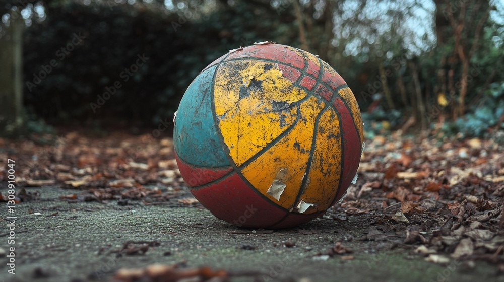 A worn basketball rests on a leaf-covered ground. Its vibrant colors tell stories of games played and memories made. A symbol of the joy in sports. Generative AI A worn basketball rests on a leaf-covered ground. Its vibrant colors tell stories of games played and memories made. A symbol of the joy in sports. Generative AI