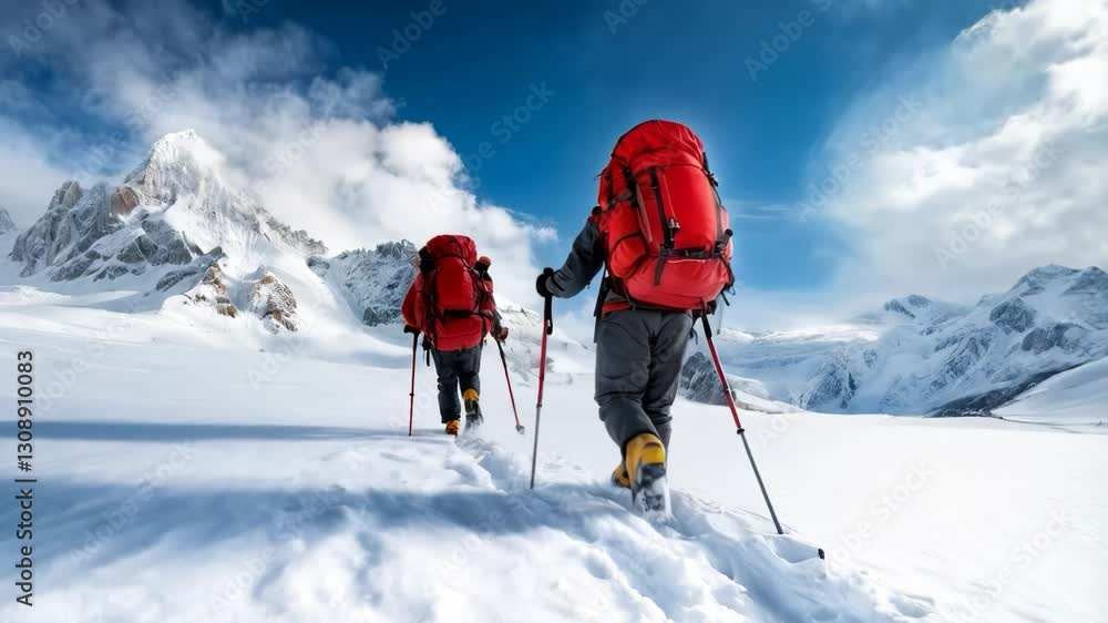 Two adventurers hike through snowy terrain with towering mountains in the background Two adventurers hike through snowy terrain with towering mountains in the background