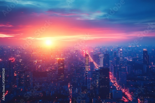 Wallpaper Mural Vibrant sunset over a bustling city skyline showcasing vivid colors and lights in the evening sky Torontodigital.ca