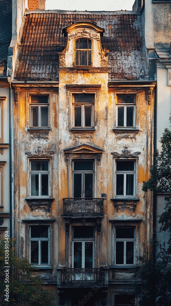 Decaying European city building, sunset, old town, facade, architecture, urban decay, renovation, history