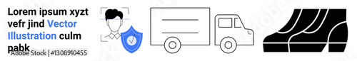 Male portrait with shield icon, delivery truck, and large tires symbolizing safety, logistics, transport. Ideal for delivery, package safety, driver security, fleet management transport logistics
