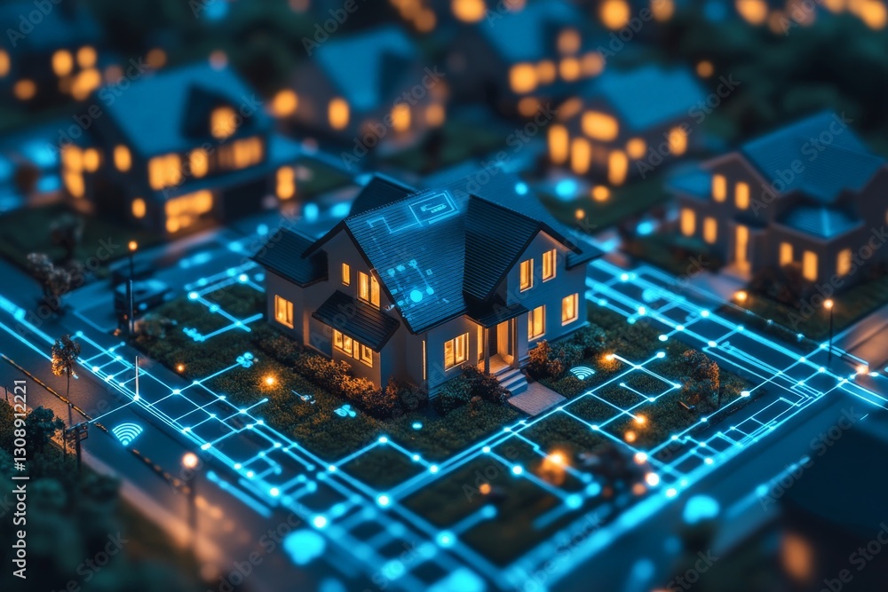 Modern smart home surrounded by a connected neighborhood during twilight hours Modern smart home surrounded by a connected neighborhood during twilight hours