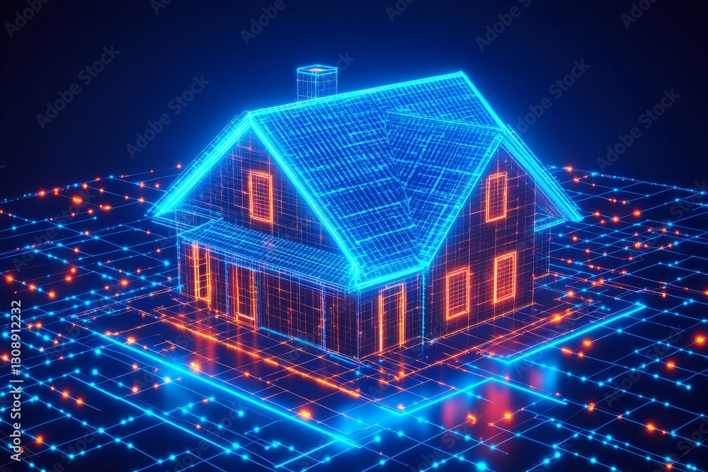 Digital design of a futuristic house created with glowing blue and orange lines on a grid background Digital design of a futuristic house created with glowing blue and orange lines on a grid background