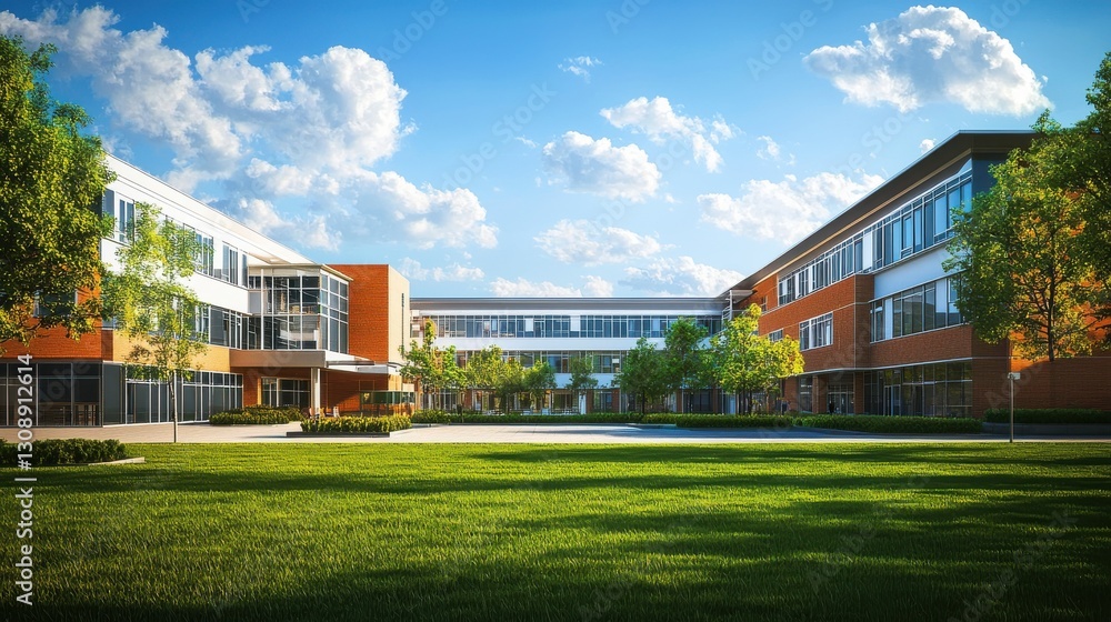 Obraz premium An exterior view of a public school building yard. College or university architecture, an outdoor view of a campus, high school construction, college or university landscape design.