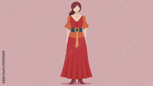 A fashionforward outfit featuring a flowy maxi dress and a bohemian belt all from a local thrift store.. Vector illustration