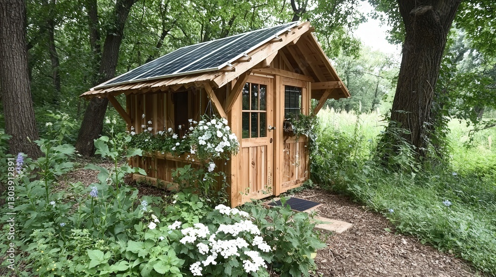 Eco-Friendly Wooden Cabin with Solar Panel in Lush Forest Setting Eco-Friendly Wooden Cabin with Solar Panel in Lush Forest Setting
