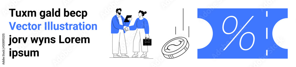 Two professionals shaking hands, a falling coin, and a large coupon with a percentage sign. Ideal for business deals, finance, partnerships, discounts, savings, collaboration strategy abstract line Two professionals shaking hands, a falling coin, and a large coupon with a percentage sign. Ideal for business deals, finance, partnerships, discounts, savings, collaboration strategy abstract line