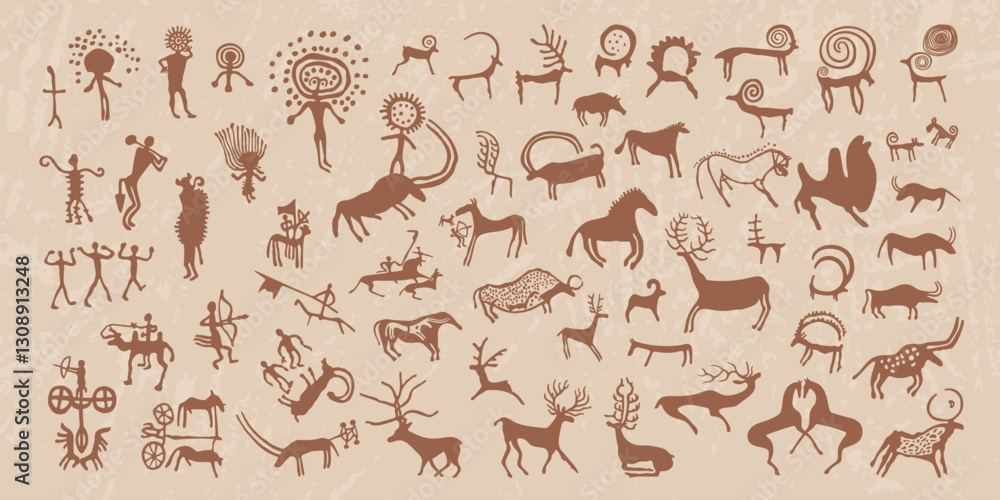 Fototapeta Vector illustration of ancient rock carvings in Kazakhstan. A large collection of petroglyphs from Central Asia. Primitive silhouettes of people and animals, hunting scenes and everyday life
