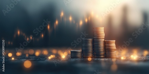 A stack of coins is on a table with a blurry background