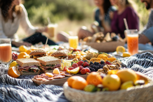 A classic picnic with friends, featuring a vibrant spread of sandwiches, fruits, and cold drinks on a large blanket in a scenic outdoor spot