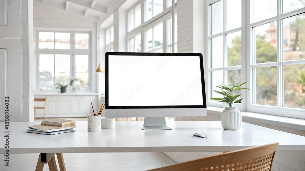 Fototapeta premium Bright home office with blank computer screen on white desk