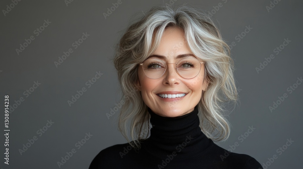 A profile view of an older woman with silver hair styled in a bun, wearing a black turtleneck. A profile view of an older woman with silver hair styled in a bun, wearing a black turtleneck.