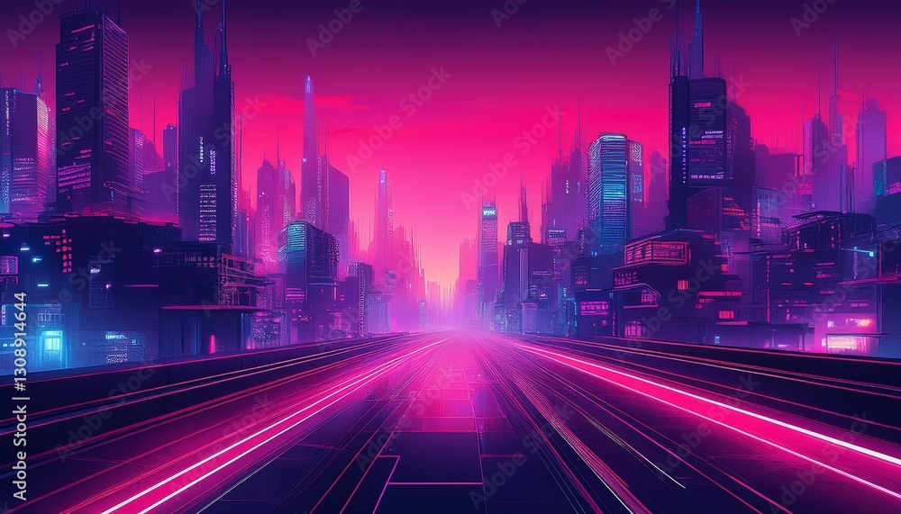 Obraz premium Cyberpunk cityscape gradient. Tokyo lights inspired: indigo to hot pink. Futuristic, neon city vibe. Dynamic, electric background.
