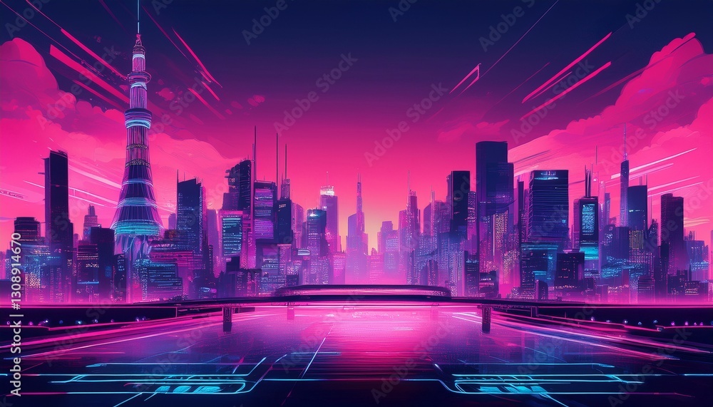 Obraz premium Cyberpunk cityscape gradient. Tokyo lights inspired: indigo to hot pink. Futuristic, neon city vibe. Dynamic, electric background.