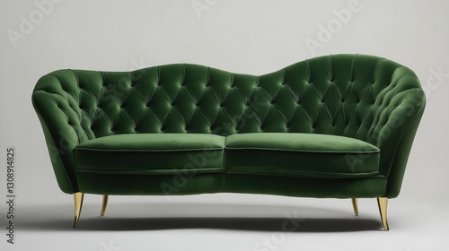 Elegant emerald green velvet sofa with tufted upholstery and gold legs