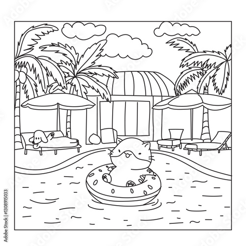 Cute Animals Coloring Page with Cats and dogs at the pool