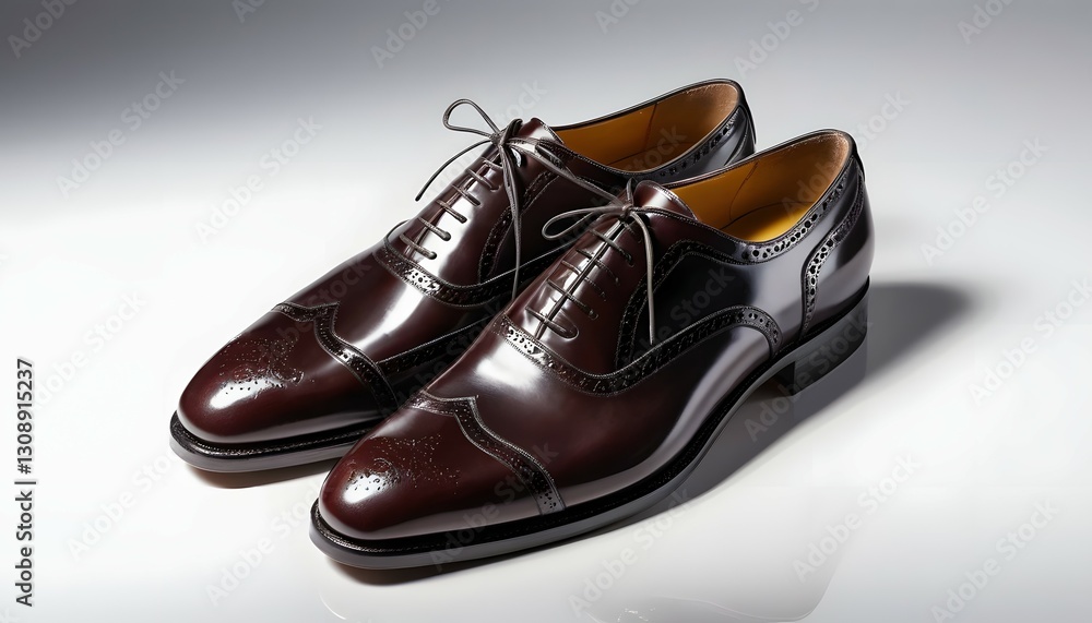 Elegant Brown Leather Oxford Shoes Displayed on White Surface, Shiny Finish Fashion Elegant Brown Leather Oxford Shoes Displayed on White Surface, Shiny Finish Fashion