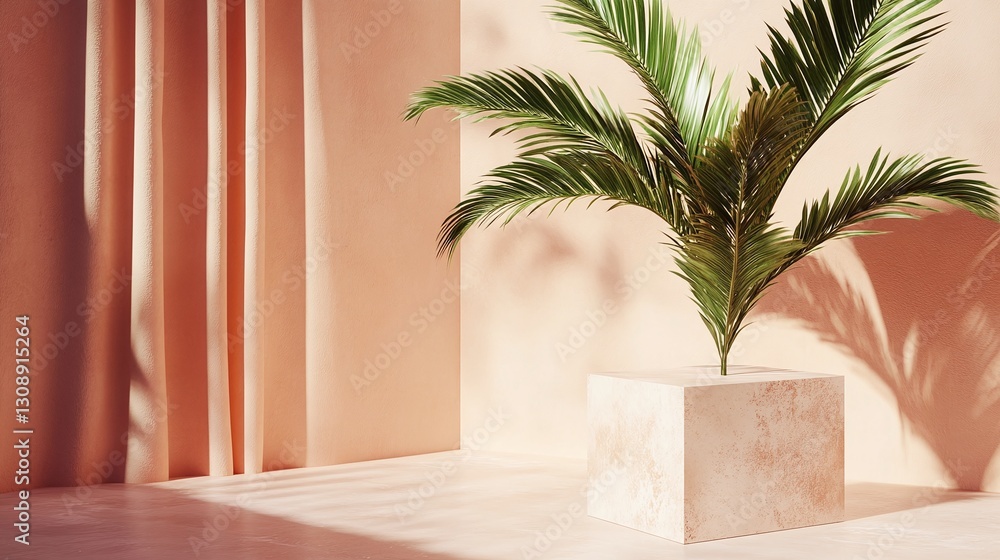 Fototapeta premium Tropical plant in a minimalist setting, showcasing natural light and shadow play on peach-toned walls and textured surfaces. A serene indoor nature scene.