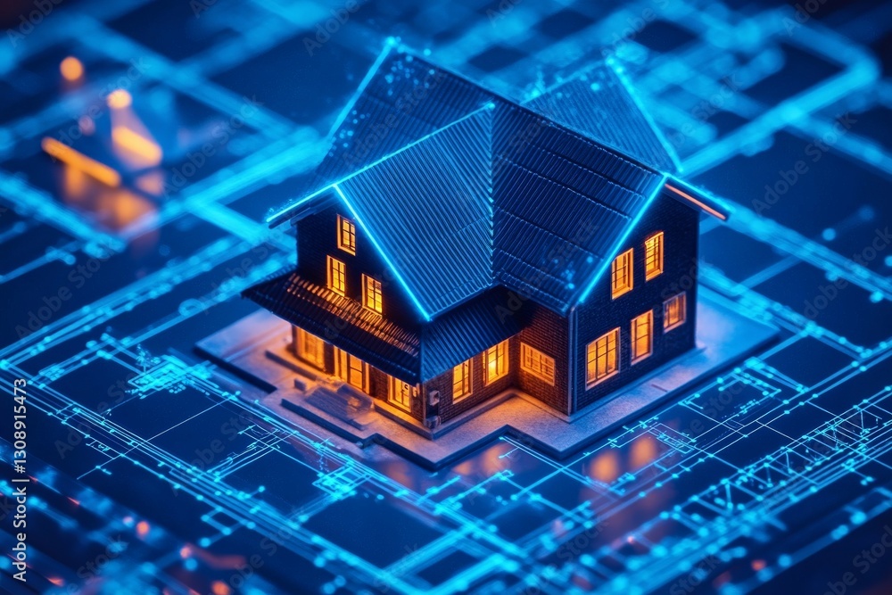 Detailed 3D model of a modern house illuminated with blue lighting on a digital blueprint background Detailed 3D model of a modern house illuminated with blue lighting on a digital blueprint background