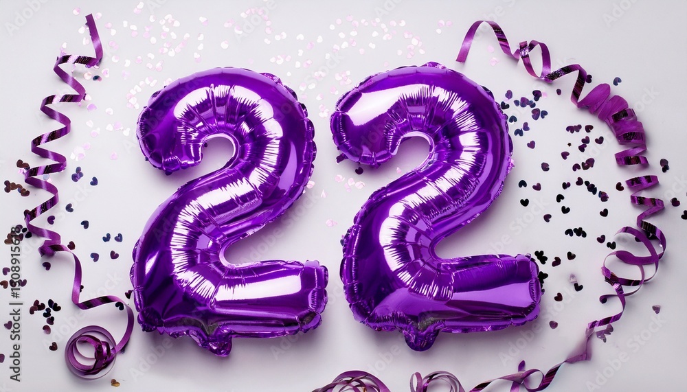 Purple balloon number 22 for twenty-second birthday or anniversary party. White background with confetti Purple balloon number 22 for twenty-second birthday or anniversary party. White background with confetti