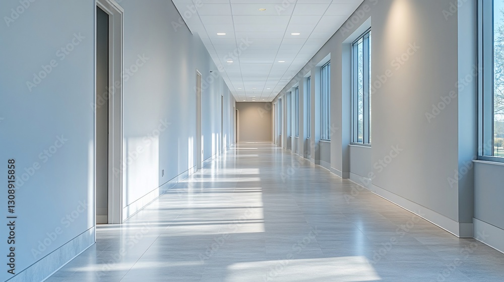 Empty modern office hallway, sunlight, windows, and doors Empty modern office hallway, sunlight, windows, and doors