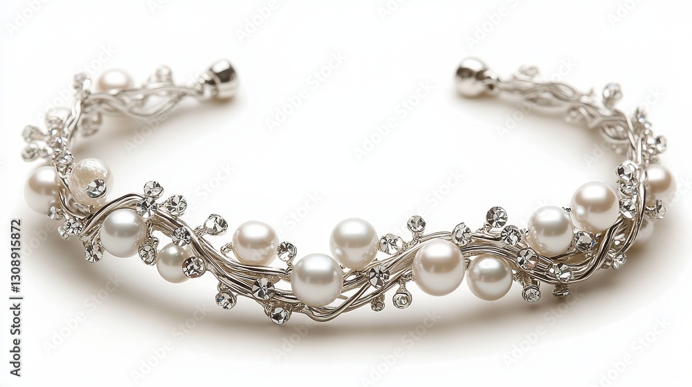 Obraz premium Silver and pearl bridal bracelet coiled in an elegant curve. A dainty silver bracelet adorned with pearls and crystal accents lies gracefully, reflecting soft light.