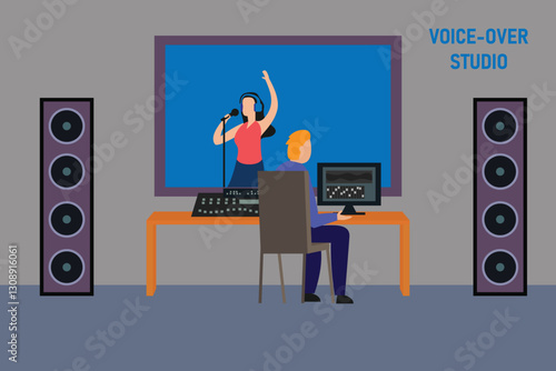 Voice-Over Recording Studio with Singer and Sound Engineer 2d flat vector illustrations