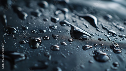 Raindrops on a Dark Surface: Close-up of water droplets glistening on a dark, smooth material. The light reflects off the beads creating a beautiful effect.