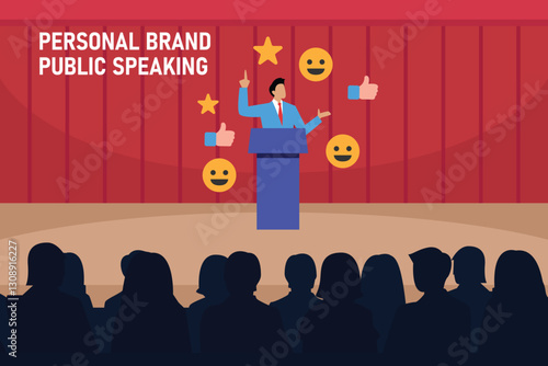 Public Speaker on Stage Engaging Audience with Personal Branding 2d flat vector illustrations