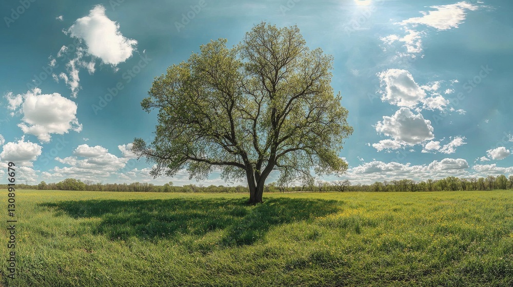 Obraz premium A beautiful tree stands on the grassy hill against a blue sky with a cloud-filled background.