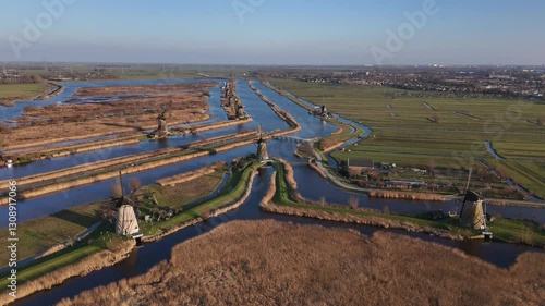 Majestic dusk at Kinderdijk windmills in the Netherlands