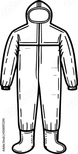 A simple illustration of a protective coverall suit with a hood, designed for safety in hazardous environments.