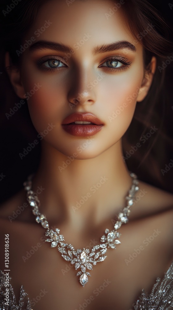 A breathtaking close-up portrait of a glamorous woman with radiant skin, showcasing an intricate diamond necklace A breathtaking close-up portrait of a glamorous woman with radiant skin, showcasing an intricate diamond necklace