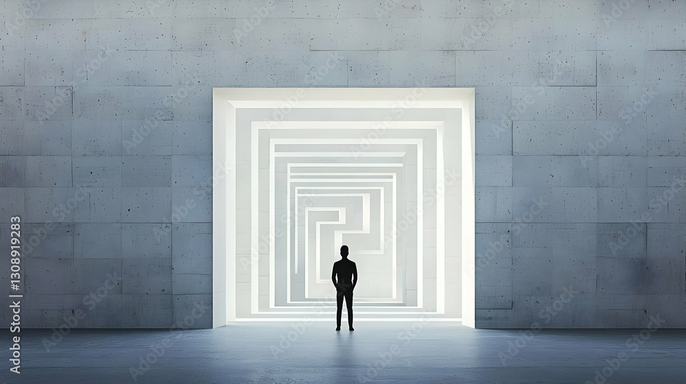 Fototapeta premium Silhouette Standing Before a Labyrinthine Passage in a Modern Architectural Setting