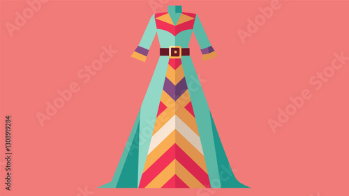 A floorlength maxi dress in a bold geometric pattern accessorized with a chunky belt and colorful bangles.. Vector illustration