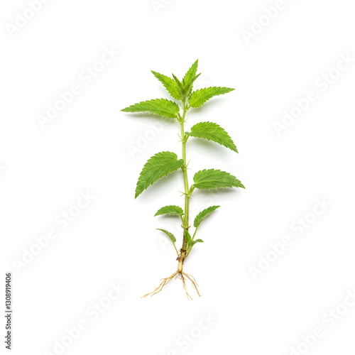 Stinging nettle showing roots and stem on white background