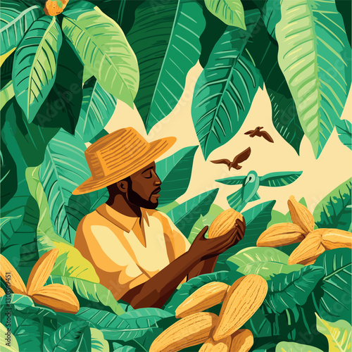 Flat illustration of the scene where african man in a hat is picking cocoa from cocoa trees, surrounded by vibrant green leaves and cocoa, with flying birds adding to its lively atmosphere.