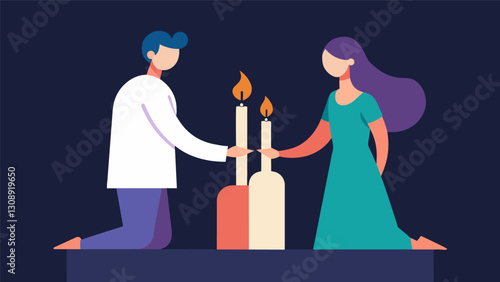 The couple lit a unity candle symbolizing the merging of their lives and families.. Vector illustration