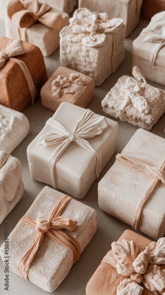 Handmade clay gift boxes with sculpted ribbons in warm pastel tones. Generative AI Handmade clay gift boxes with sculpted ribbons in warm pastel tones. Generative AI