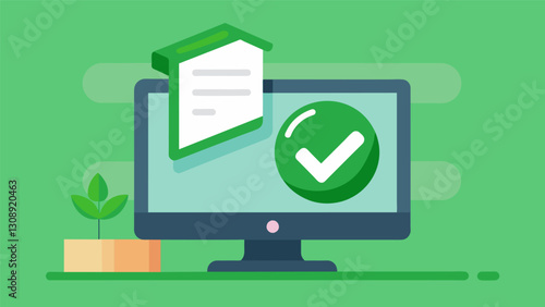 The reassuring green checkmark that appears on the screen after a successful tuition fee payment giving the student peace of mind.. Vector illustration