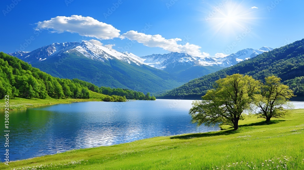 Serene Mountain Lake Landscape with Lush Green Meadows Serene Mountain Lake Landscape with Lush Green Meadows