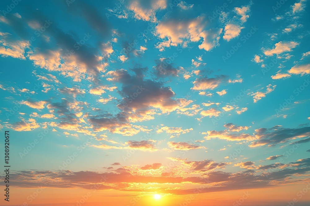 A beautiful blue sky dotted with fluffy sunlit clouds at sunset A beautiful blue sky dotted with fluffy sunlit clouds at sunset