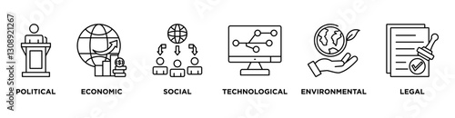 Pestel banner web icon vector illustration concept of political economic social technological environmental legal with icon of governance, finance, network, automation, ecology, law statement